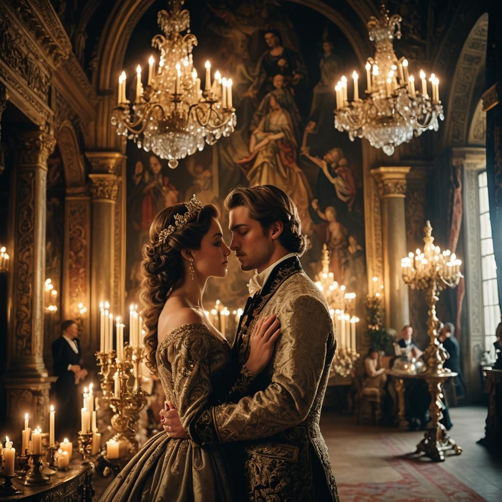 Royal Couple's Tender Moment in Baroque Palace