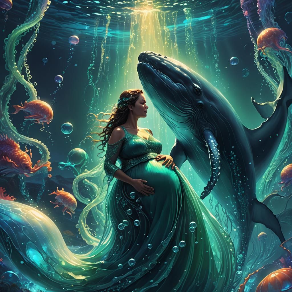 Ocean Mother with Whale in Neon Glowing Art