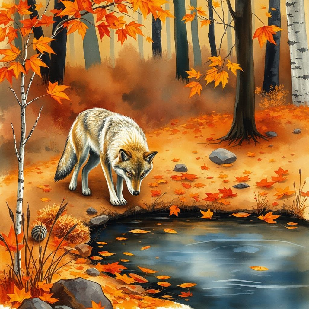 Wolf in Autumn Landscape with Watercolor Textures