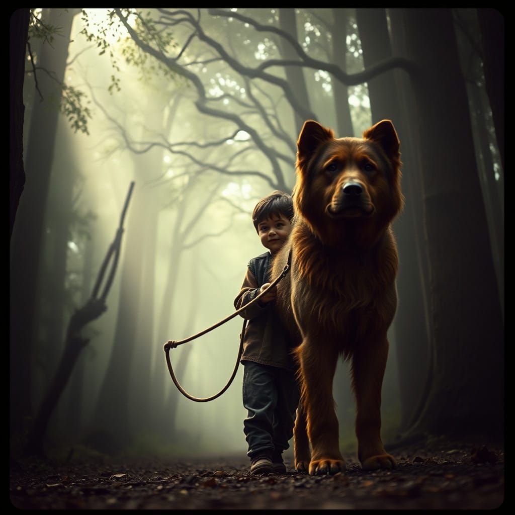 Boy and Loyal Bear-Like Dog in Ancient Forest