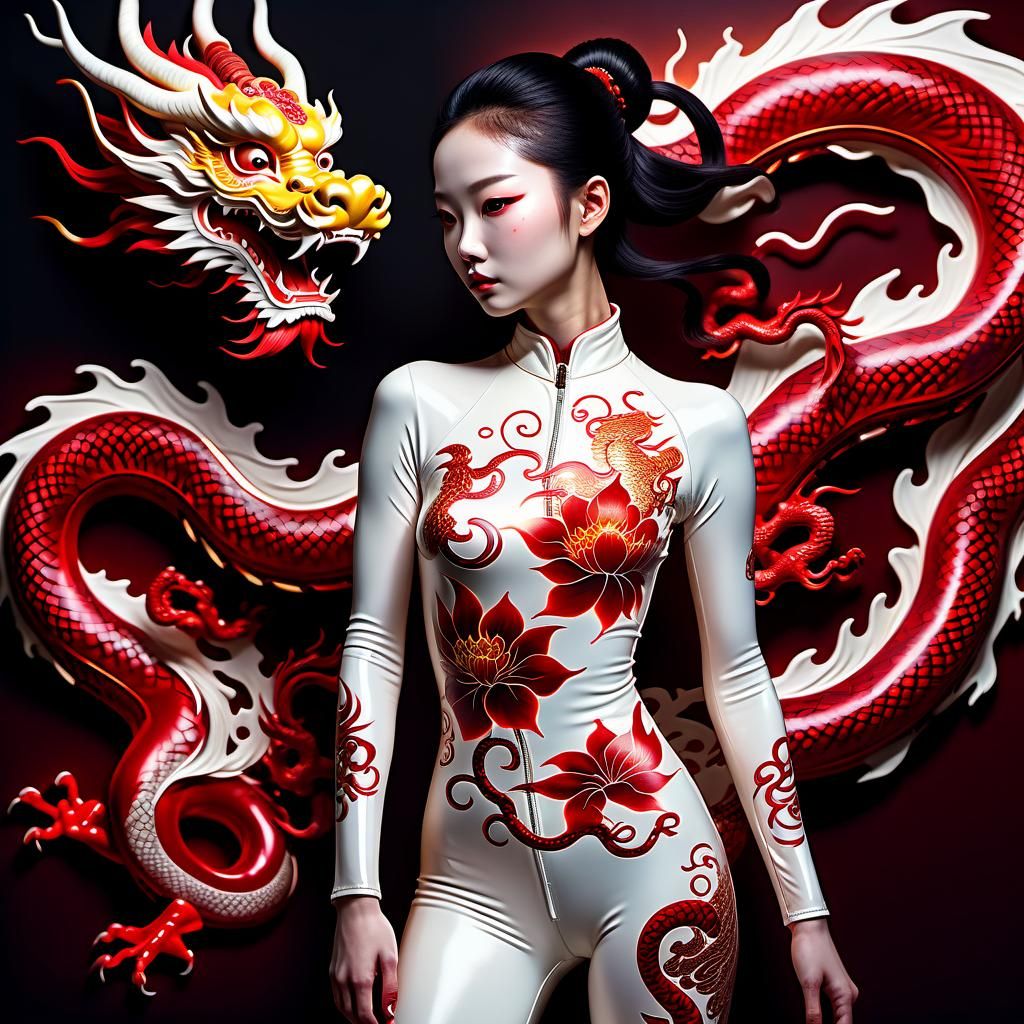 Tattooed Woman with Dragon in Hyperrealistic Style