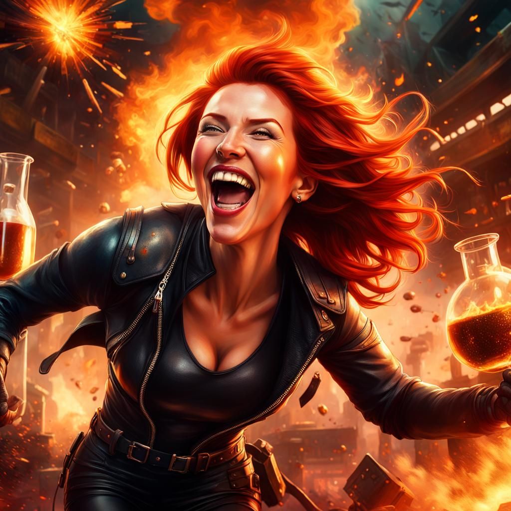 Redhead Alchemist's Mishap: A Hyperrealistic Explosion
