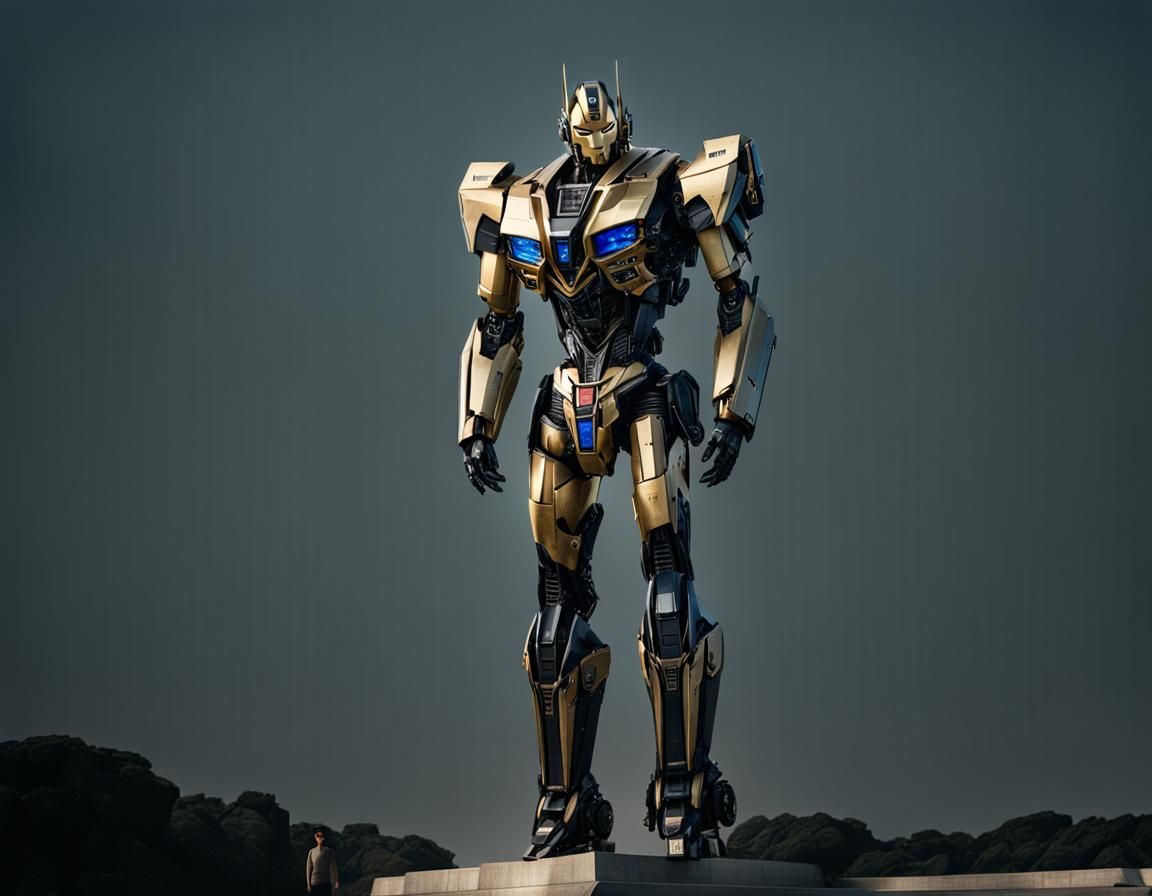 Black and Gold Robot Poses in Lush Park