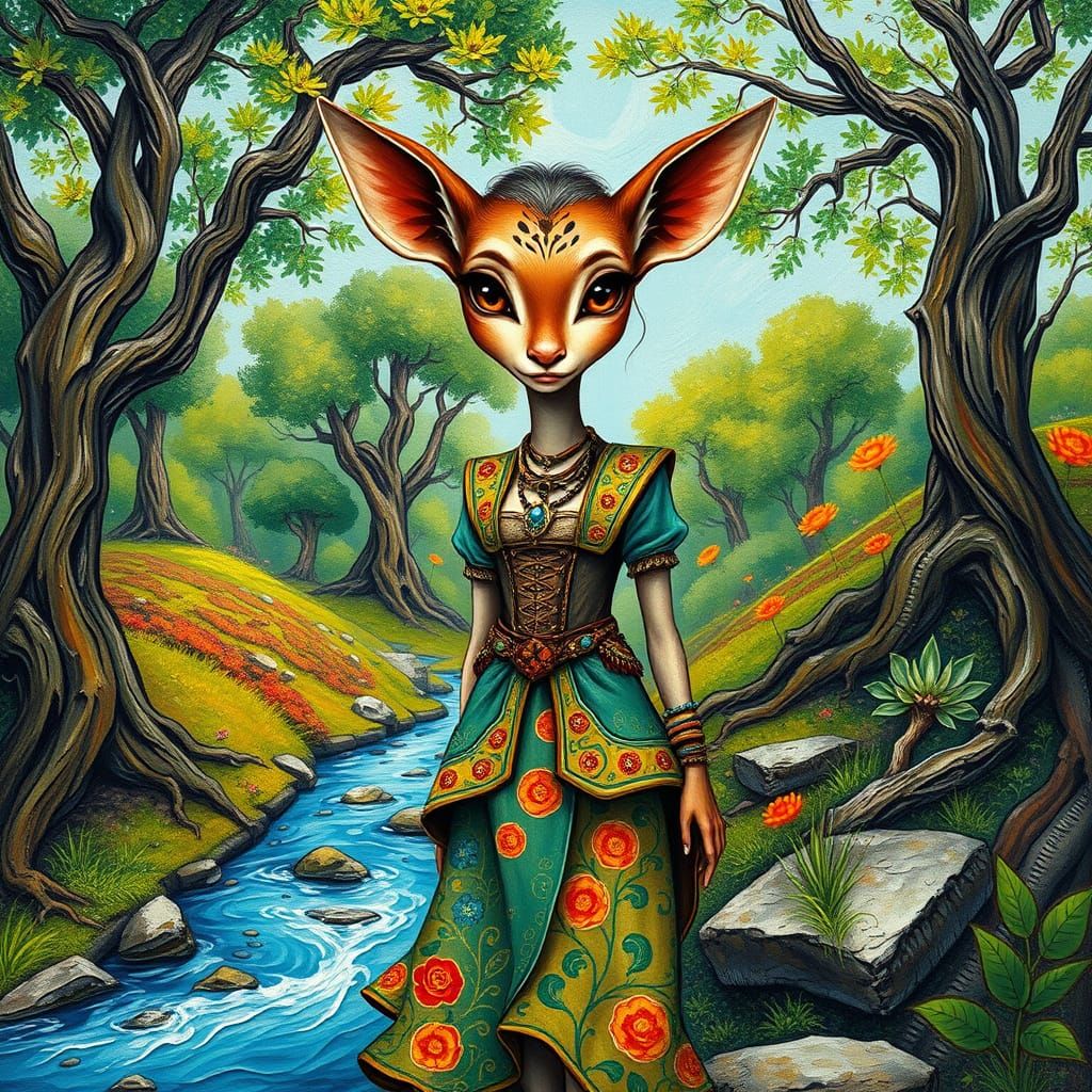 Elegant Female Humanoid in Whimsical Fantasy Attire