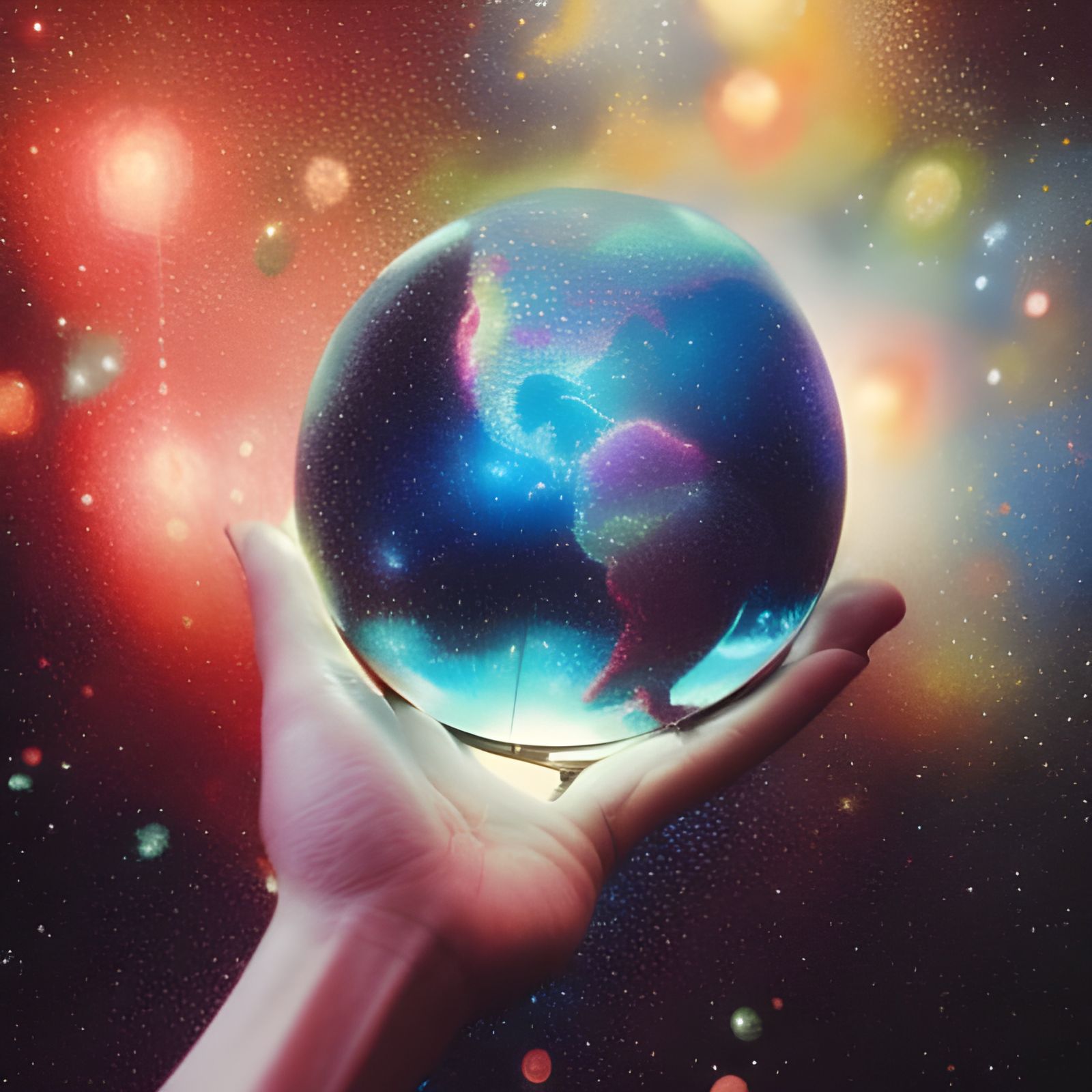 Hands Holding Glowing Globe in Galaxy, Digital Art