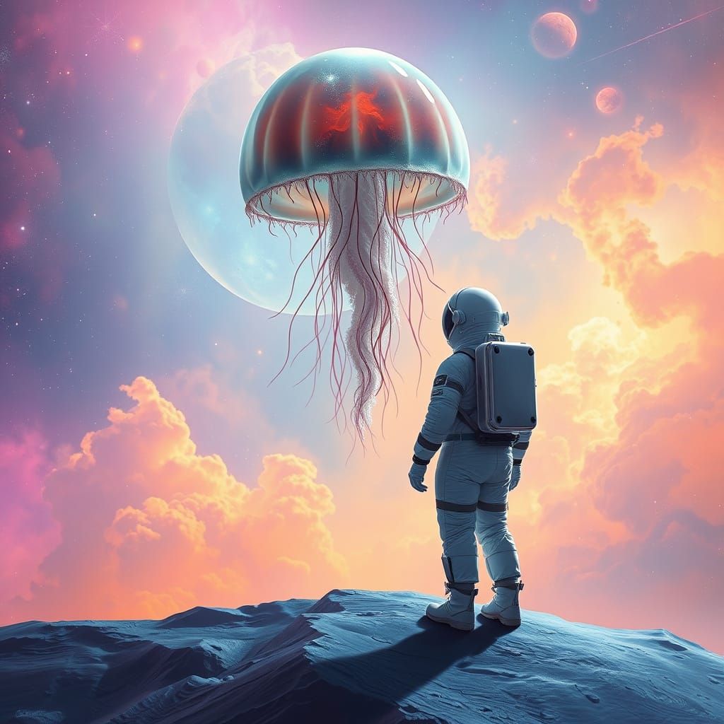 Astronaut Meets Crystalline Jellyfish in Candy Nebula