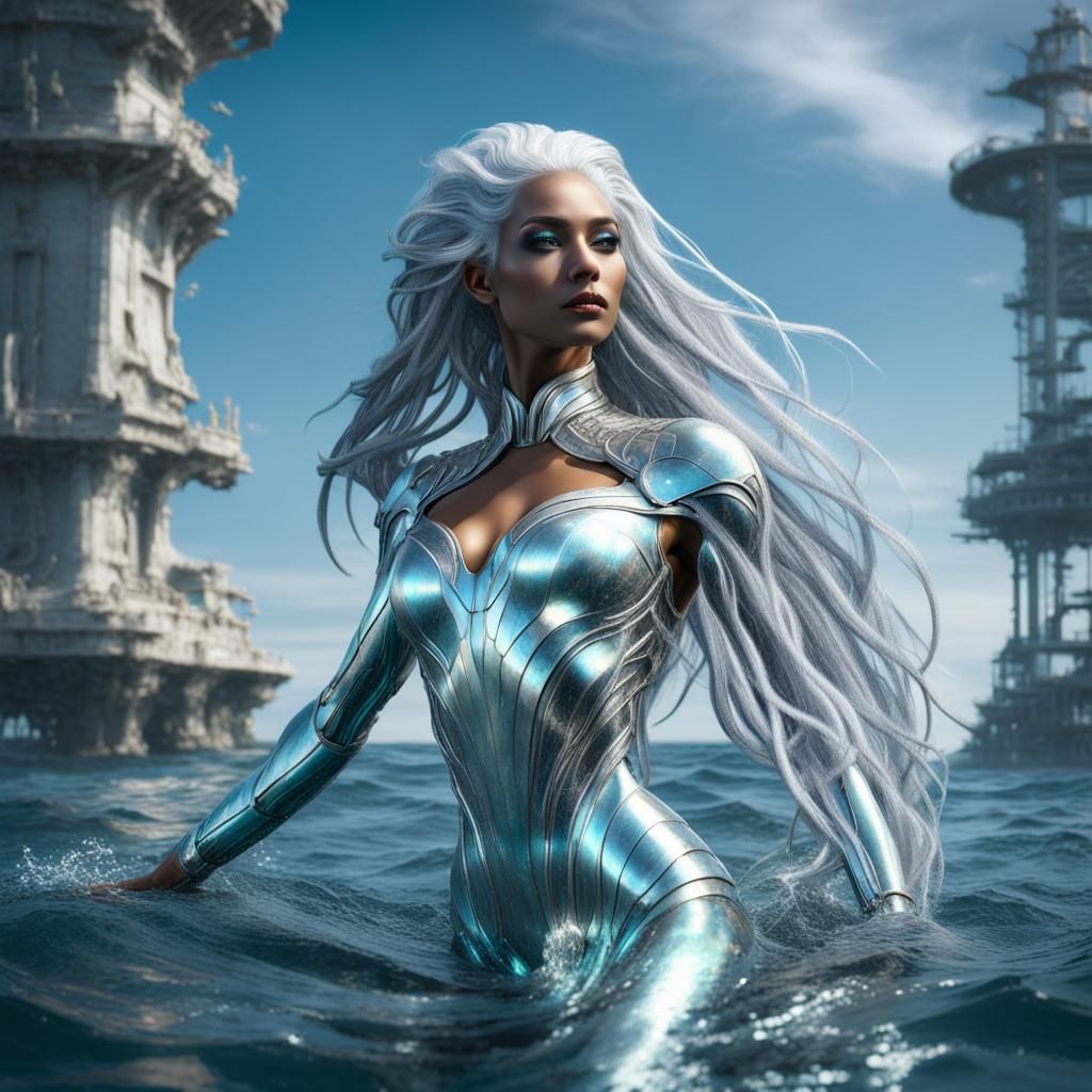 Silver-Haired Mermaid in the Atlantic Ocean: 3D Render