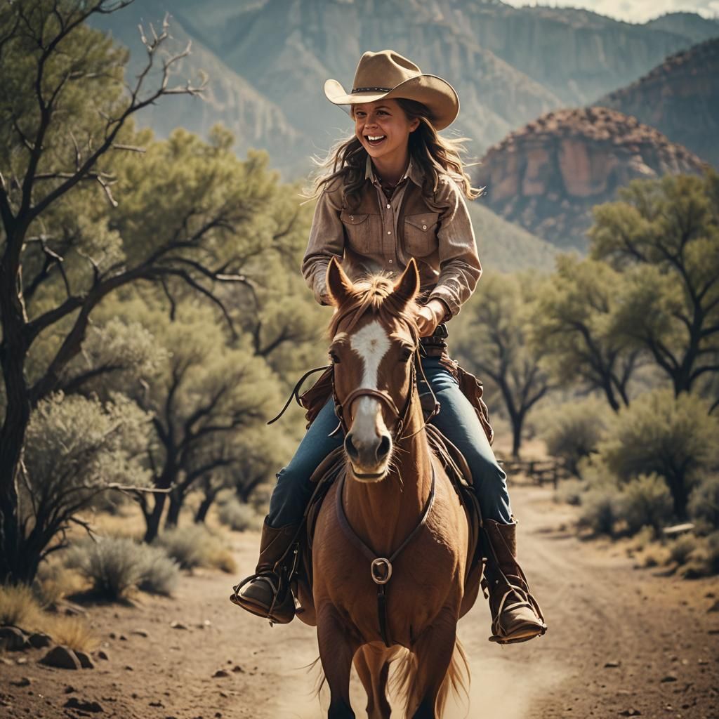 Happy Cowgirl Rides Horse in Cinematic Film Still