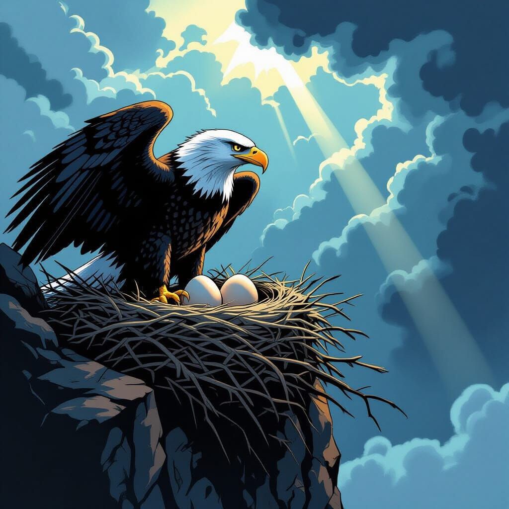 Eagle Guards Eggs on Cliff in Stormy Comic Art Style