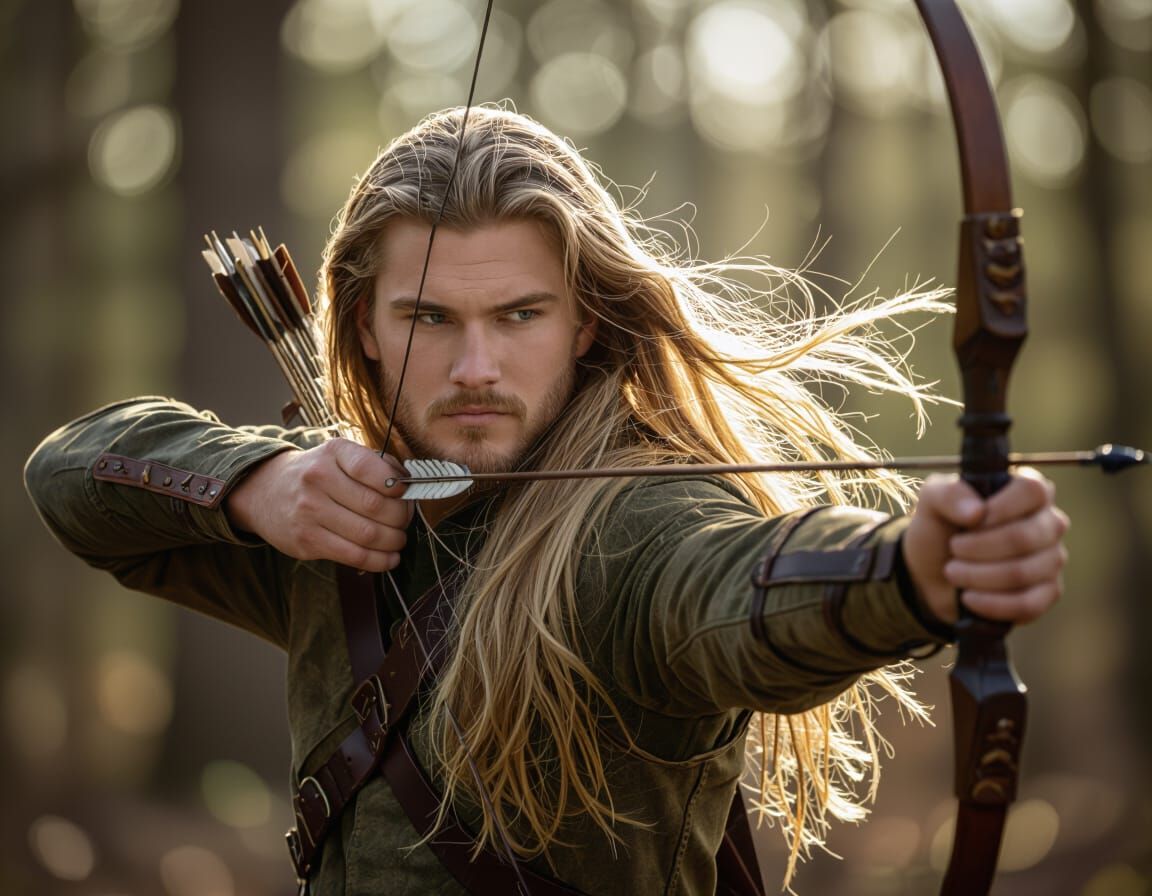 Hunter with Bow in Woods, Professional Photography