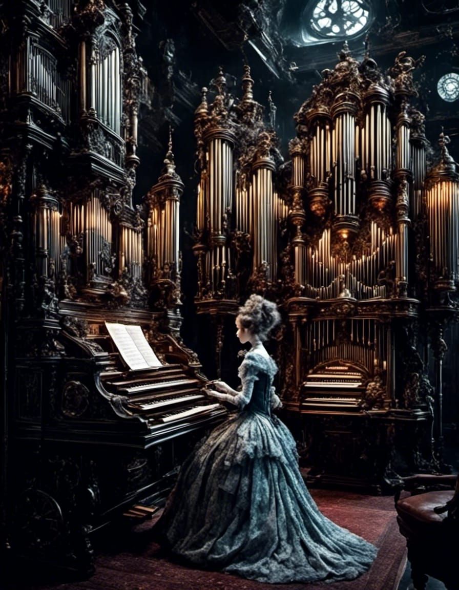 Futuristic Victorian Woman Plays Extravagant Organ