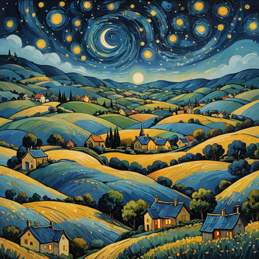 Whimsical Starry Night Naive Art Landscape