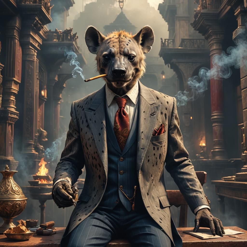Hyena Executive Smoking Cigar: Detailed Digital Painting