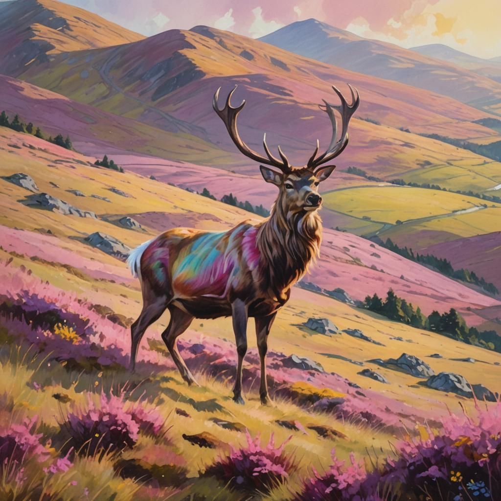 Whimsical Stag in Dreamlike Scottish Landscape