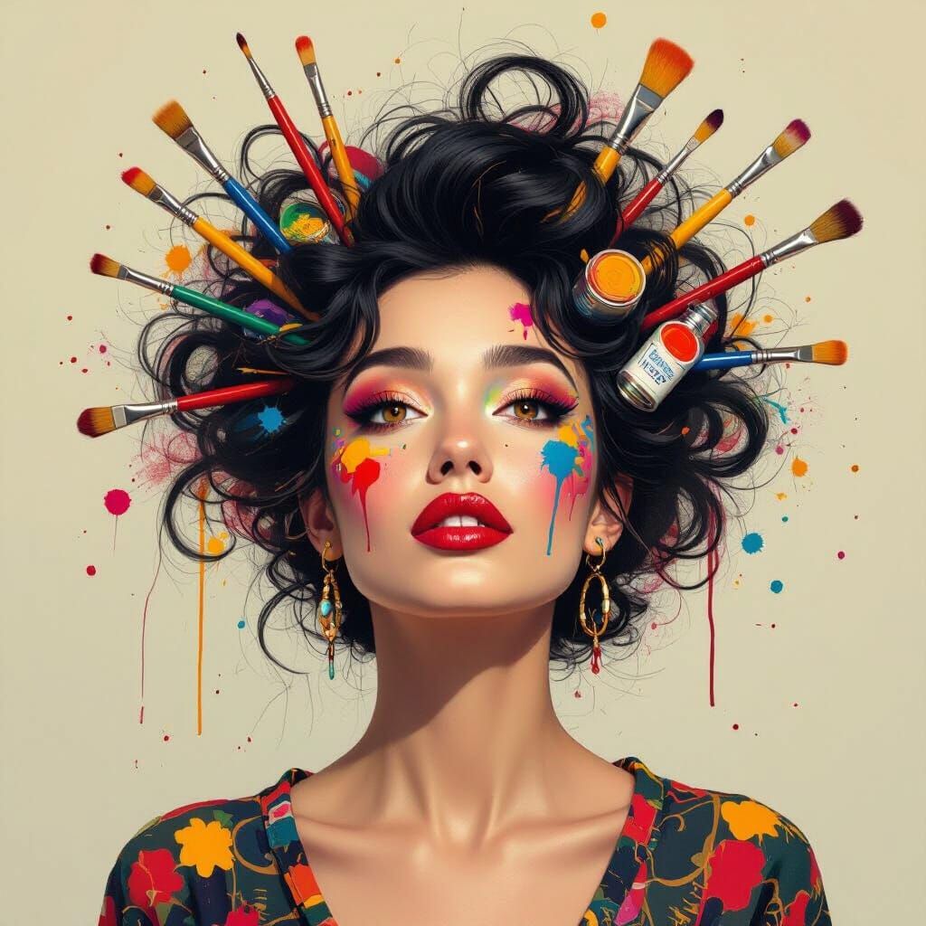 Expressive Portrait of a Woman Adorned with Art Supplies