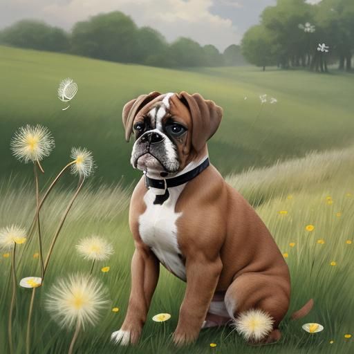 Boxer Puppy Catches Dandelion Seed in Flight