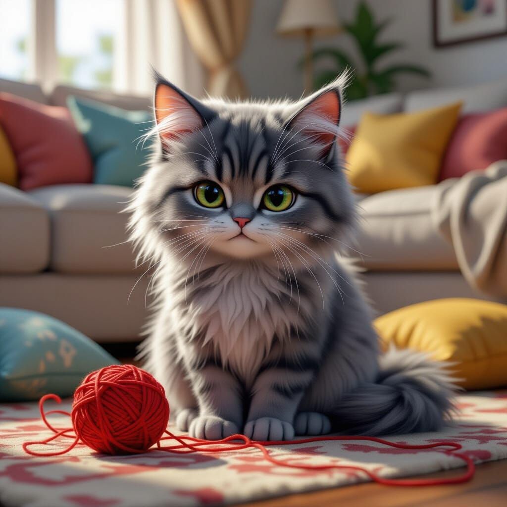 Guilty Cat Tangled in Yarn, Chaotic Living Room in 3D Anime ...