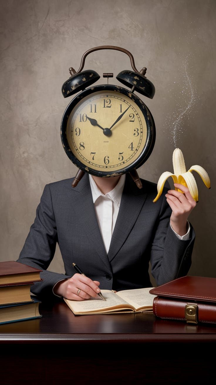 Surreal Portrait: Woman with Clock Head in Studio