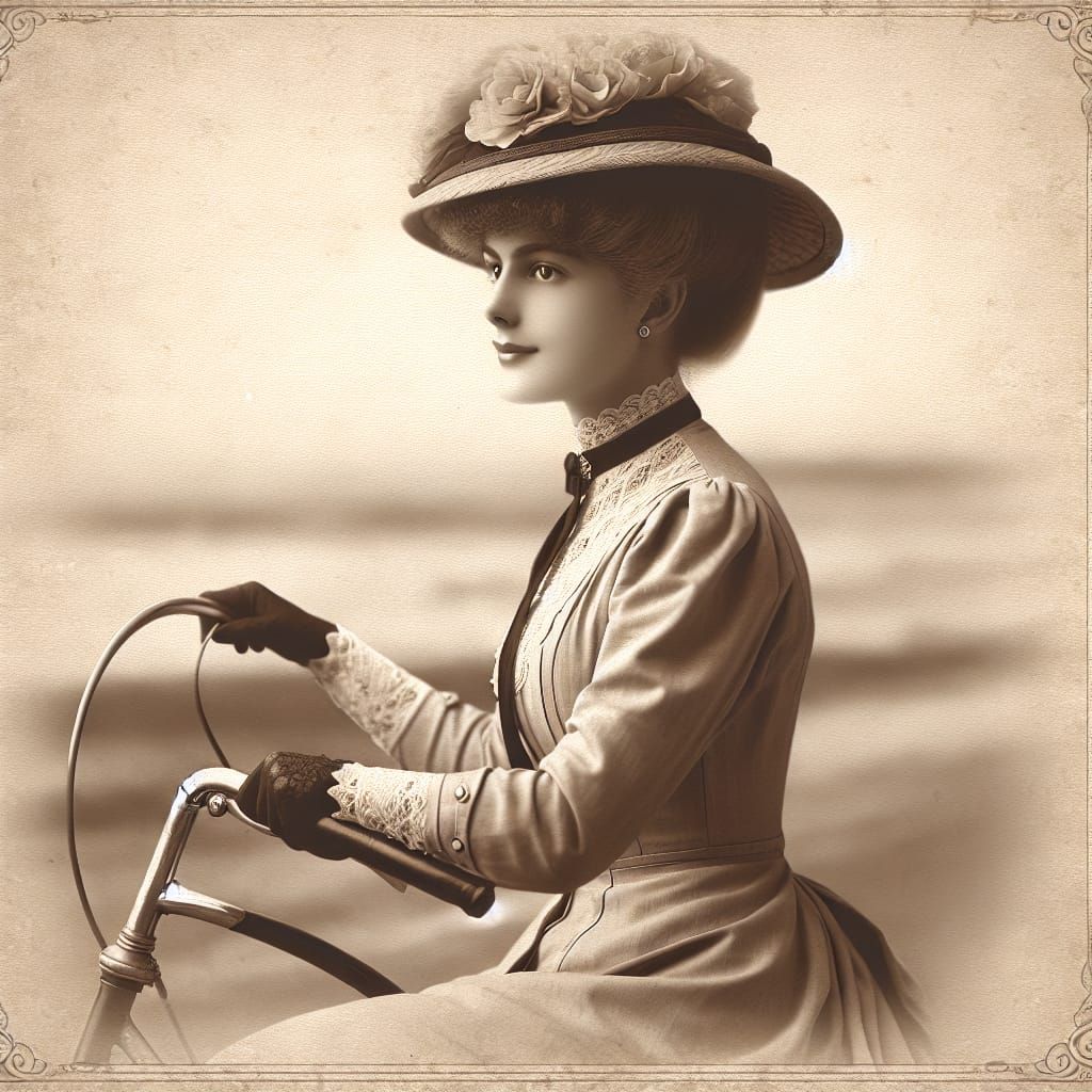 Sepia Photograph of Noble Woman on Bicycle, 1900s