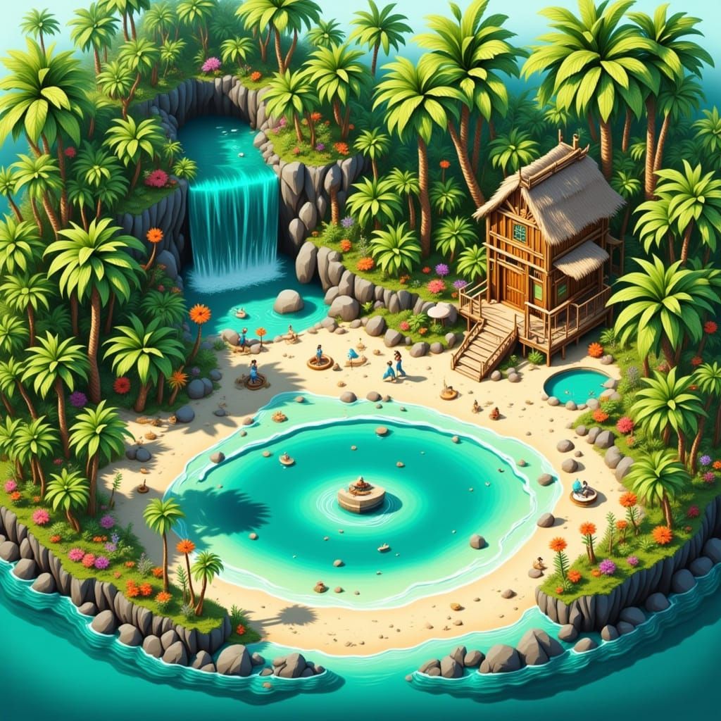Isometric Tropical Paradise with Bungalow and Lush Flora