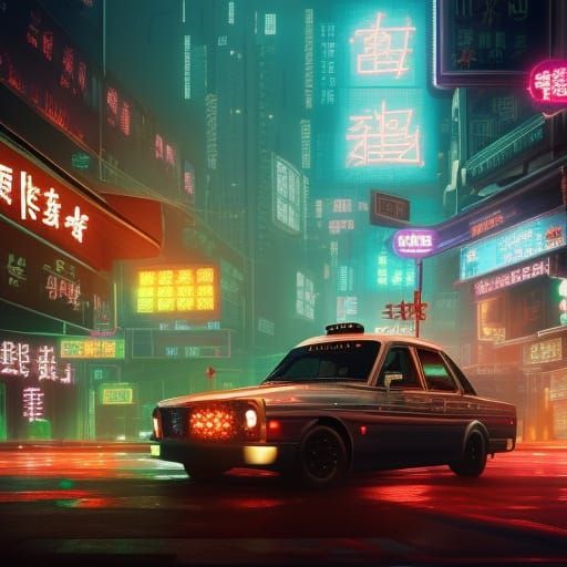 Cyberpunk Hong Kong Taxi in Detailed Digital Painting