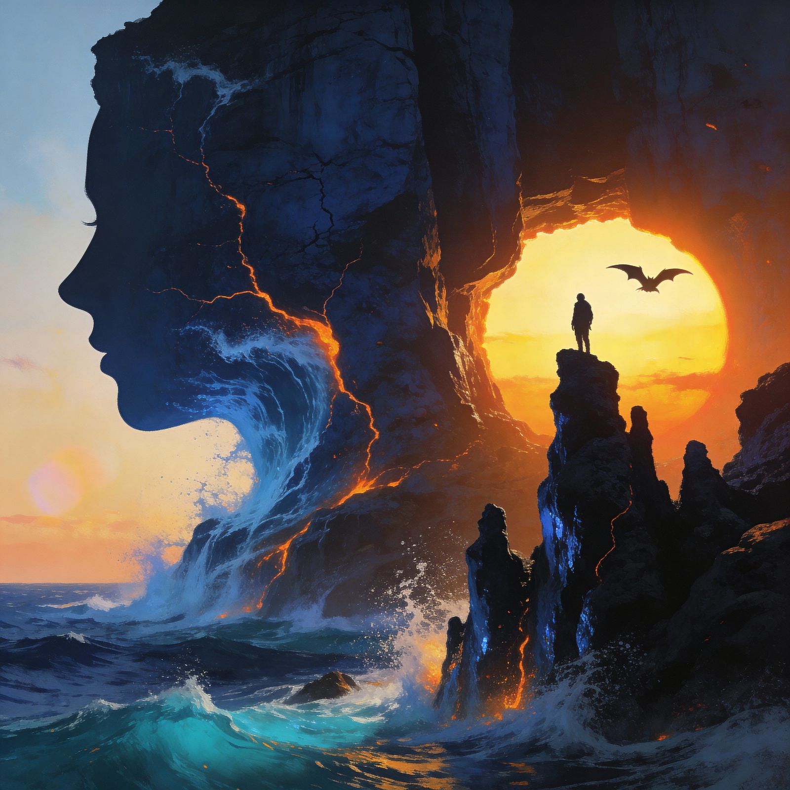 Coastal Cliff Woman Profile with Lava Veins and Fiery Sunset