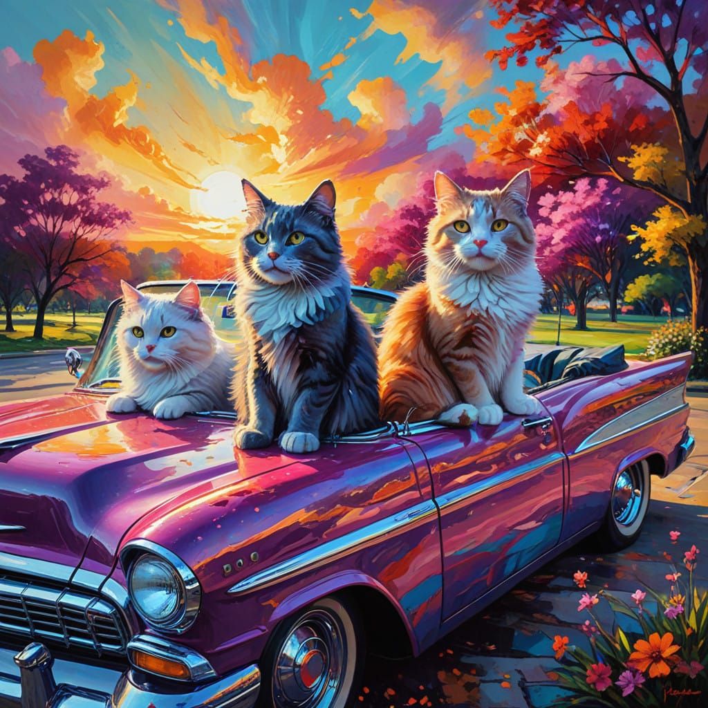 Cats Posing in a Majolica Chevy Belair Convertible