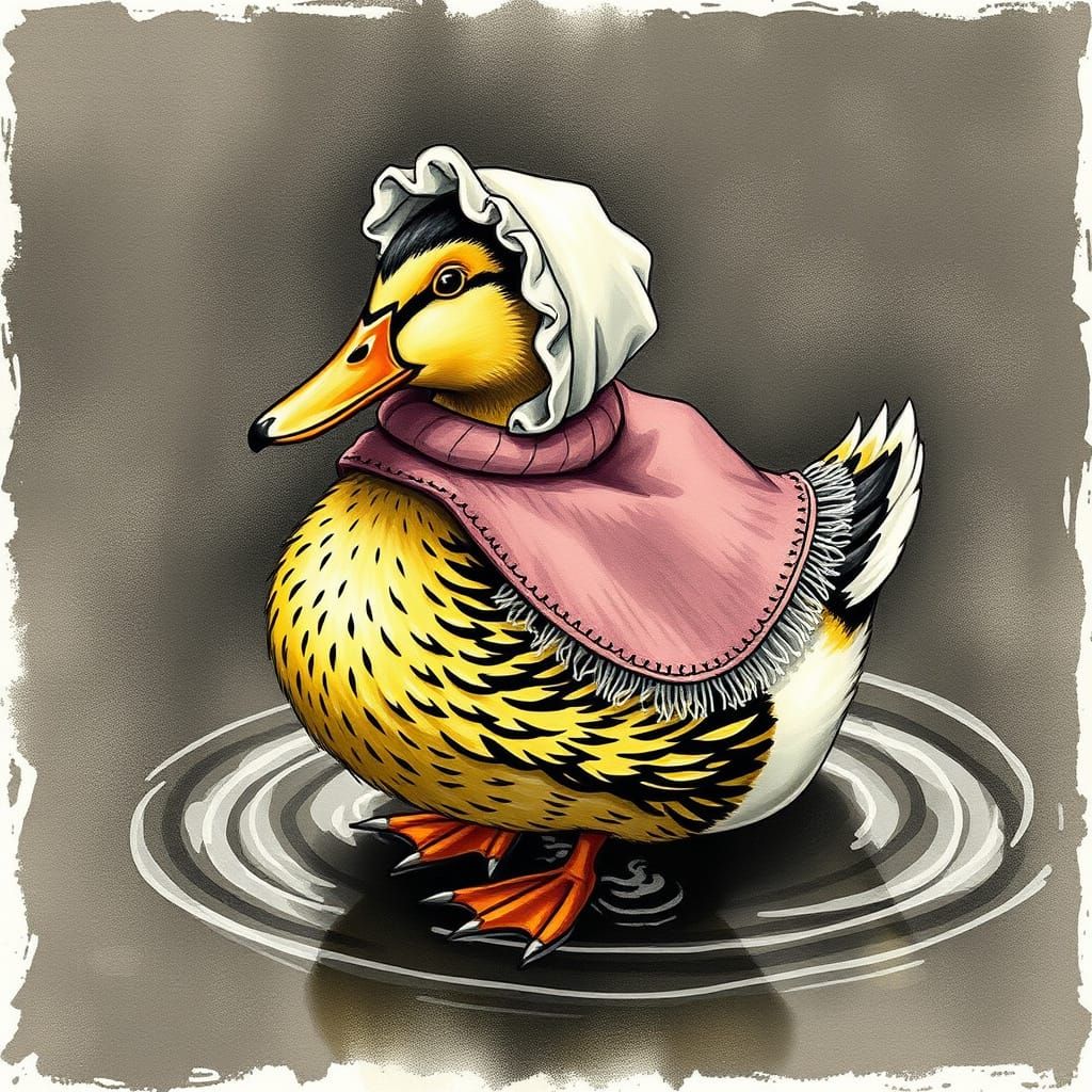 Quaint Duck in Bonnet and Shawl by Puddle