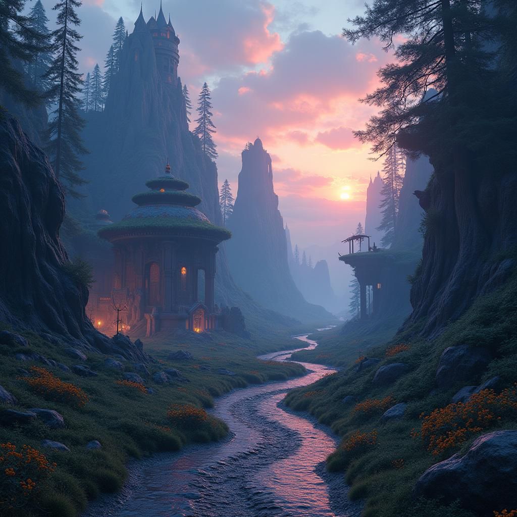 Mystical Twilight Landscape with Intricate Architecture