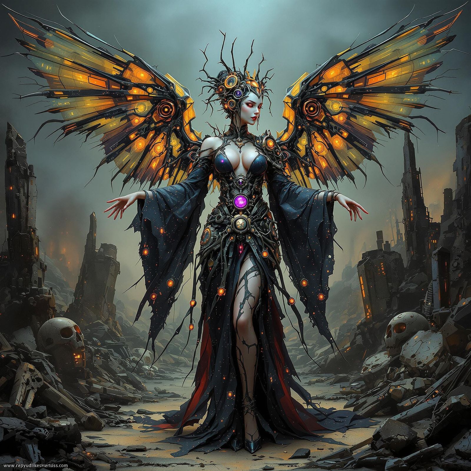 Gothic Cyborg Geisha with Clockwork Wings