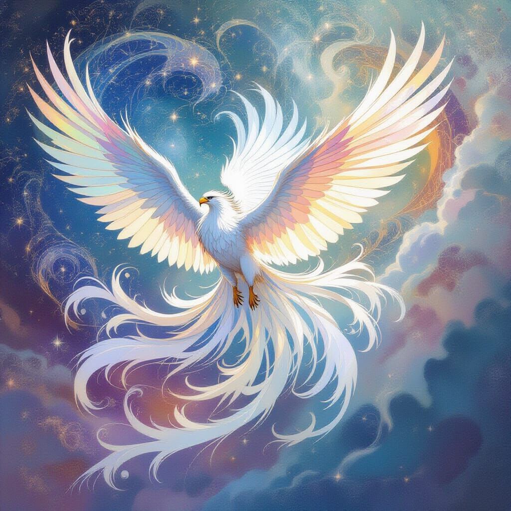 Griffin Soaring Through Nebula, Art Nouveau Watercolor