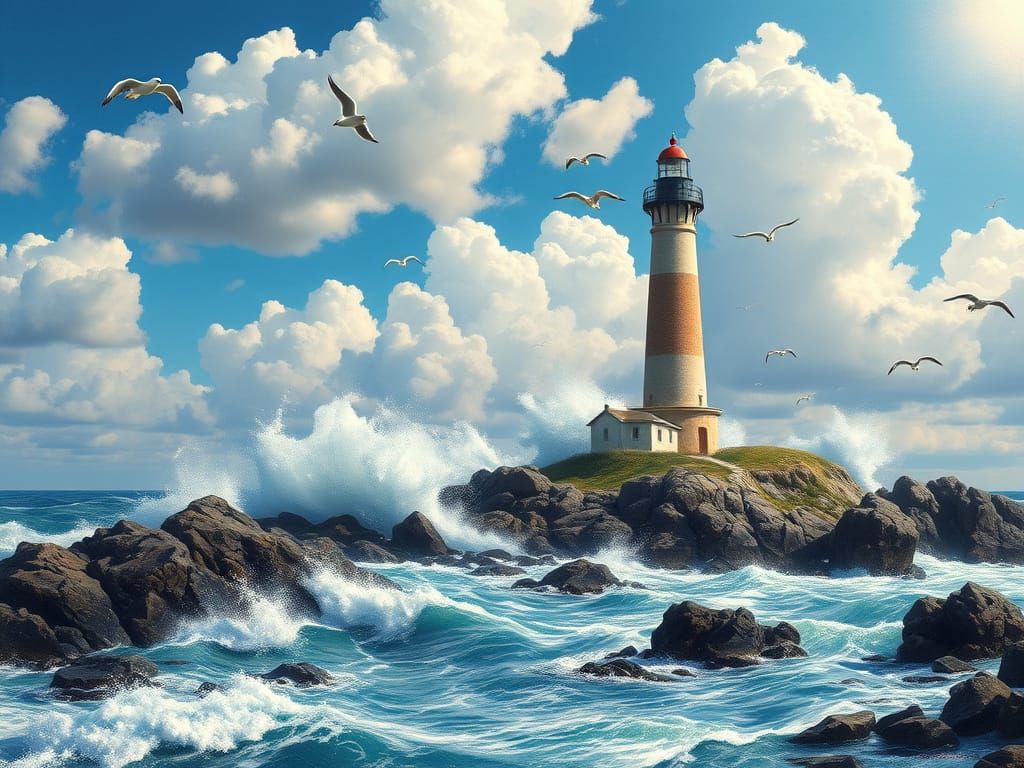 Majestic Lighthouse on Rocky Cape with Crashing Waves