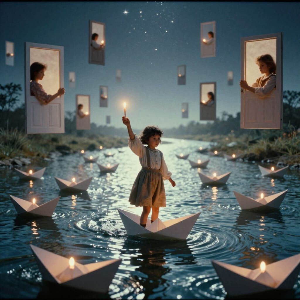 Child Releases Starlight Boats Under Sky of Doors