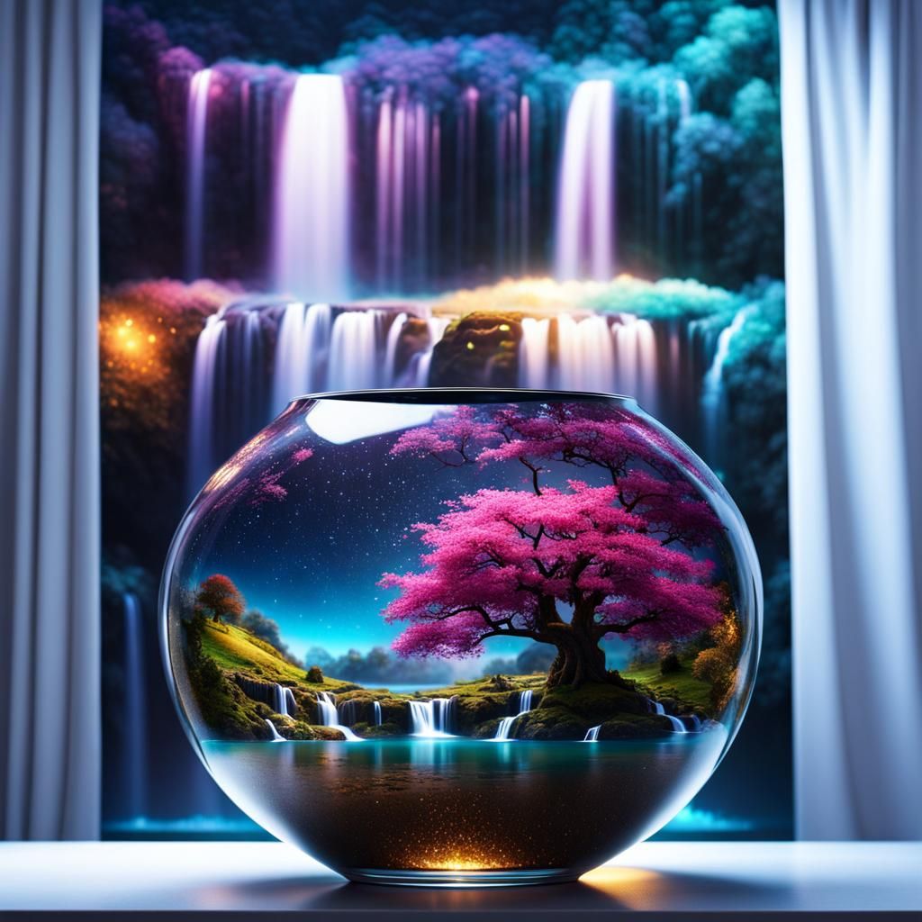 Waterfall Landscape Inside Flower Vase with Glitter