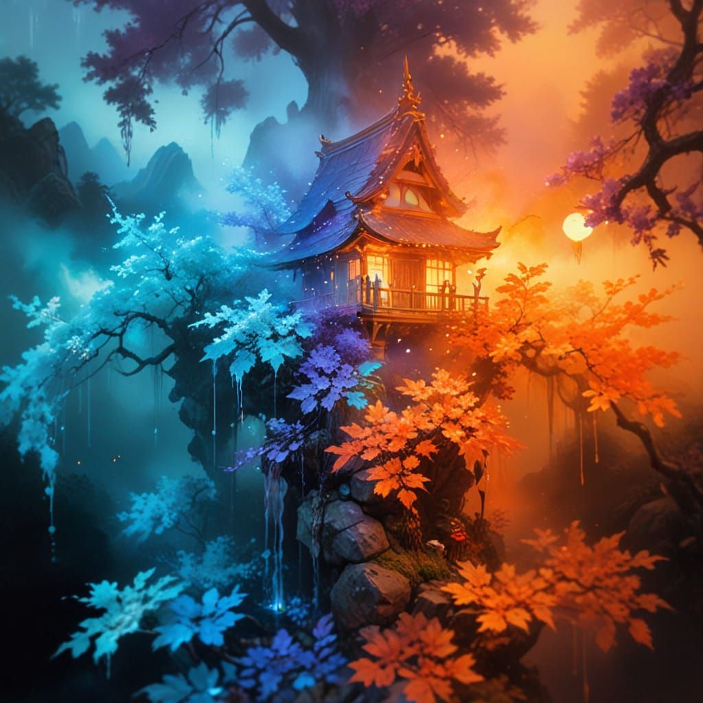 Surreal Japanese Pagoda Amidst Vibrant Cherry Blossom Landsc...