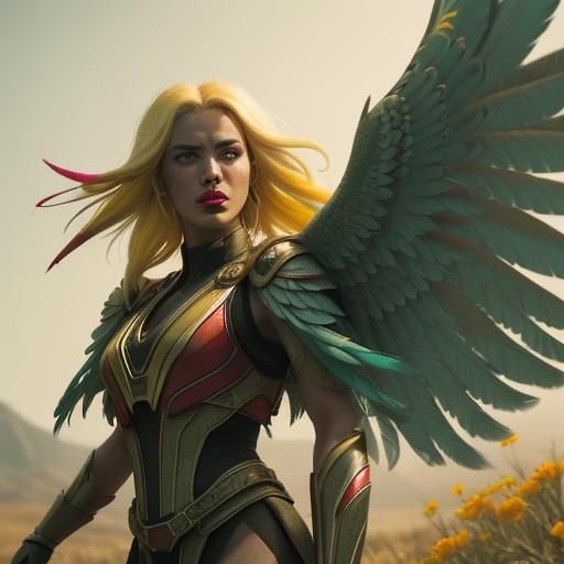 Cinematic Woman with Silver Skin and Colorful Feathers