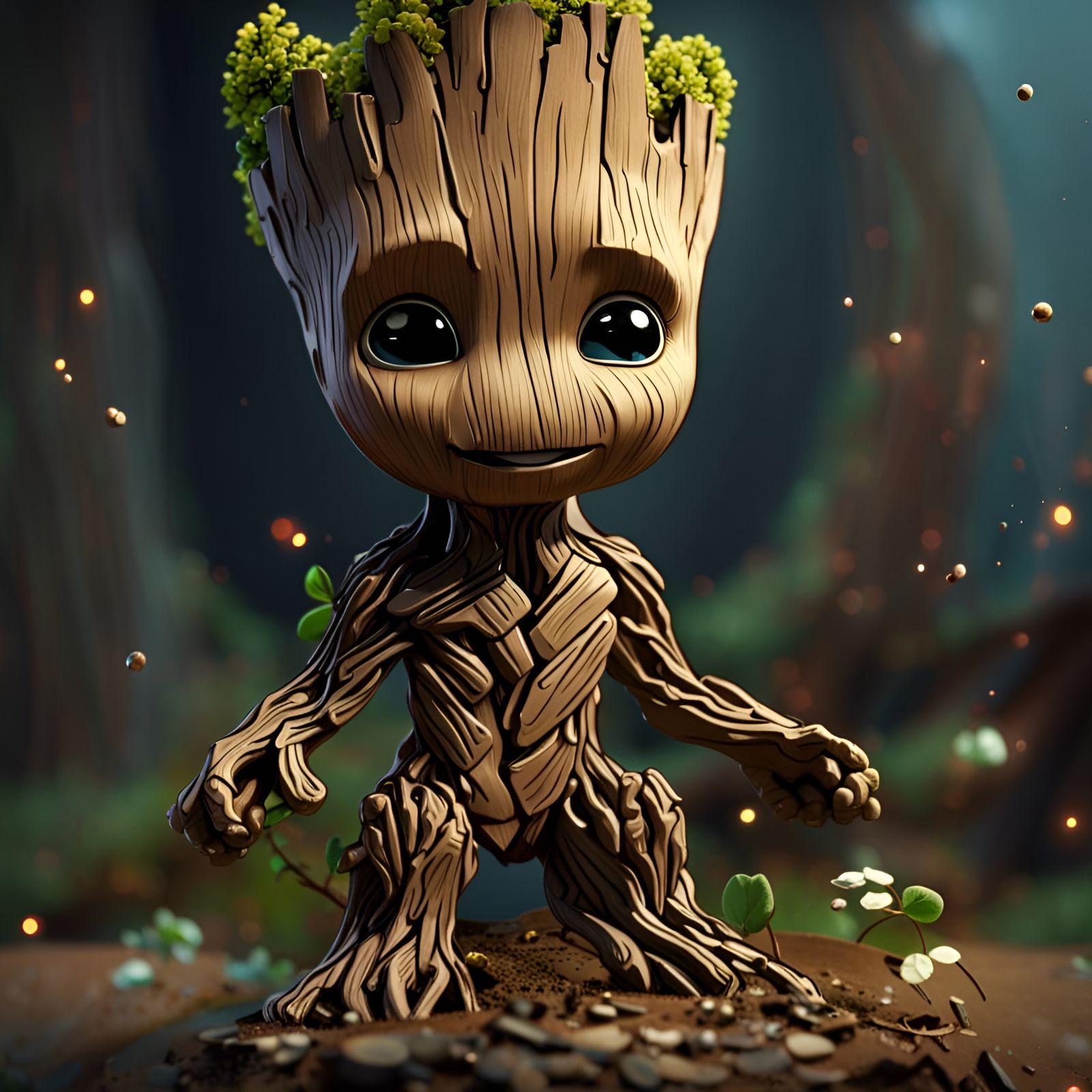 an adorable chibi groot, gorgeous eyes, sparks, Michael Kaluta, Aleksandr Kuskov, Christophe Heughe, Adobe After Effects...