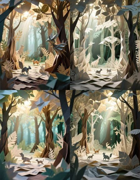Surreal Paper Forest Diorama with Fantasy Elements
