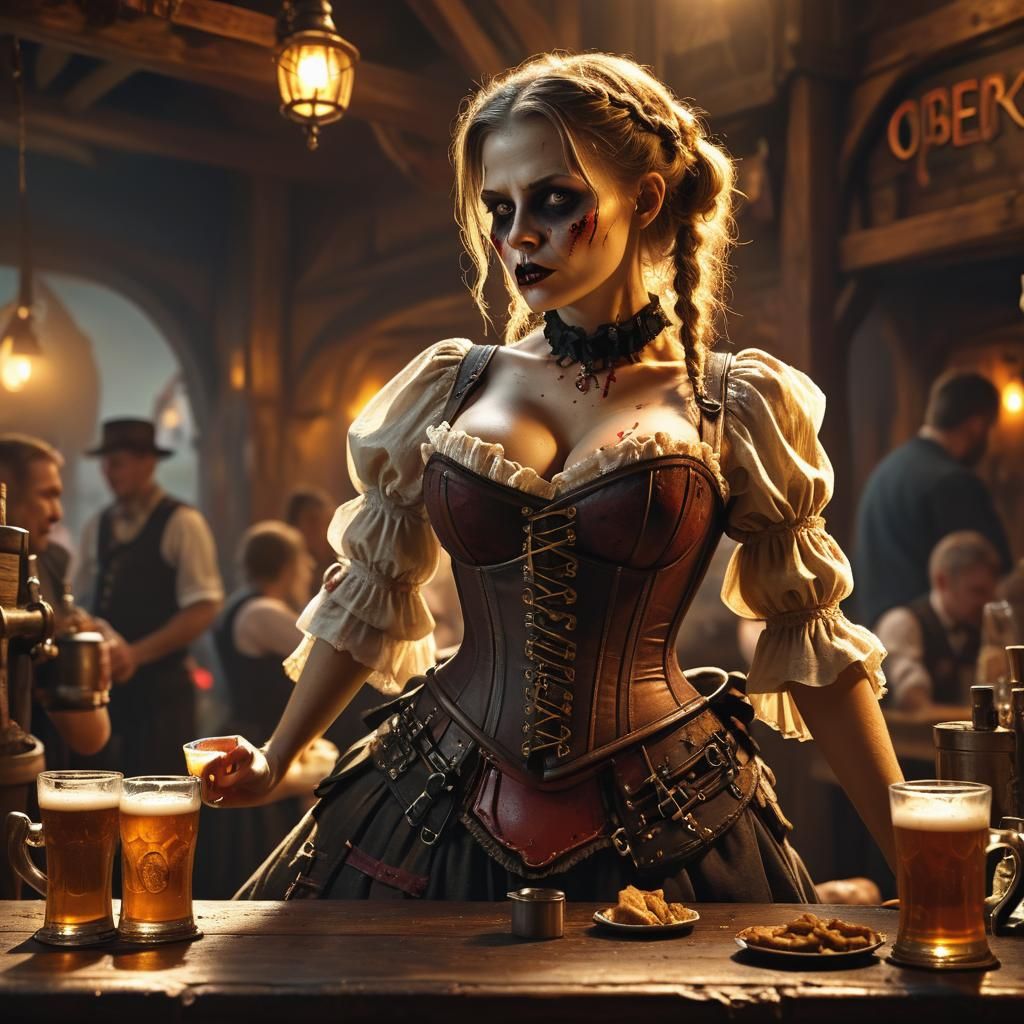 Zombie Bar Wench at Oktoberfest in Matte Painting Style