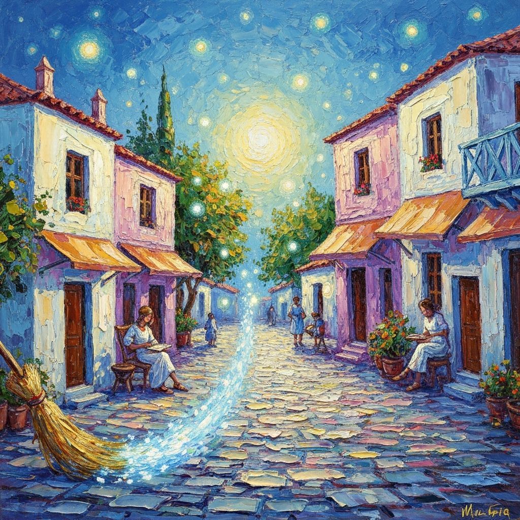 Magical Greek Village Square in Impasto Oil Style