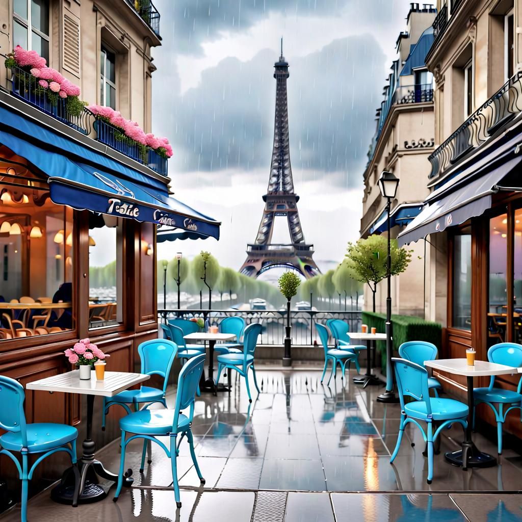 Rainy Parisian Cafe Terrace with Eiffel Tower
