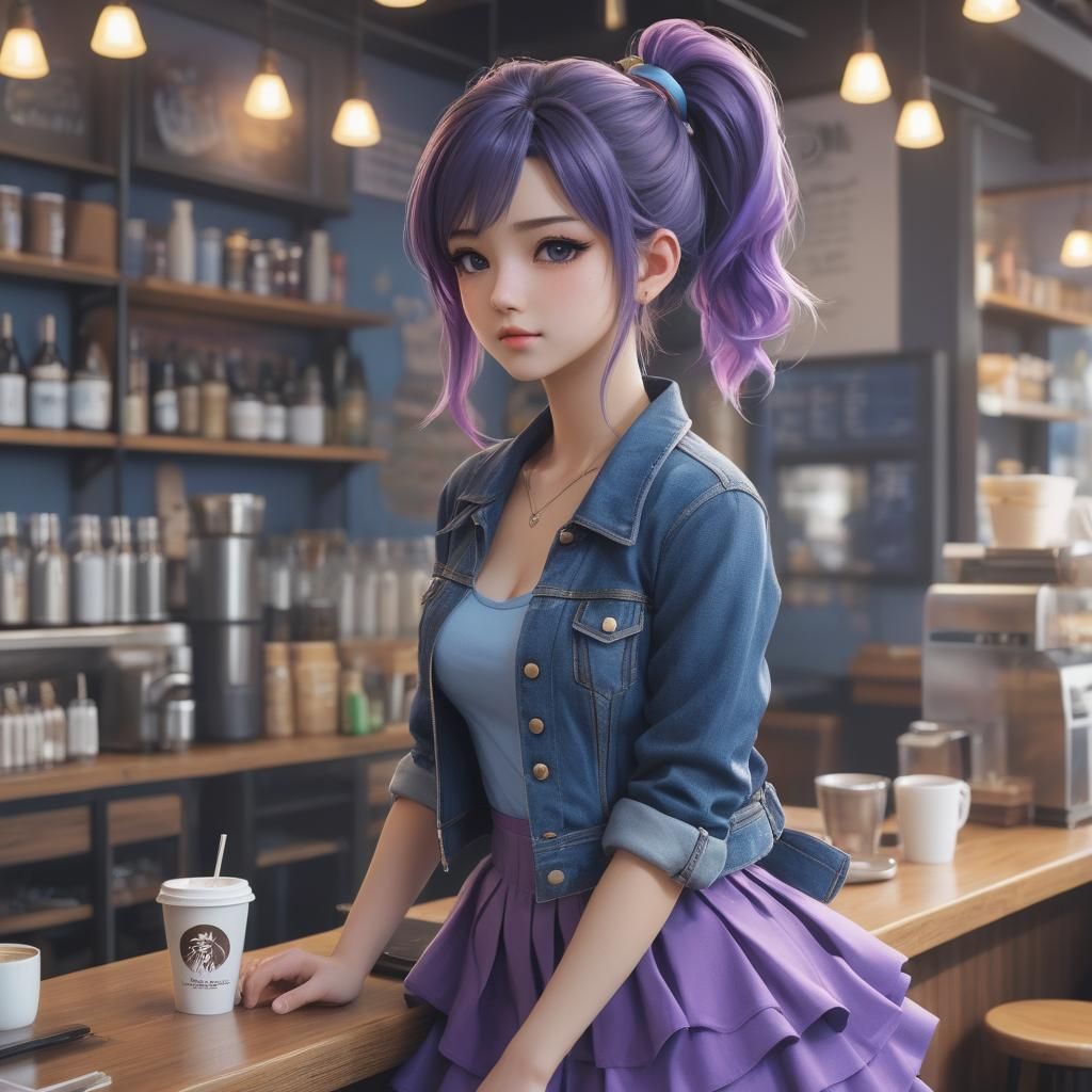 Anime Girl in Coffee Shop, 3D Render