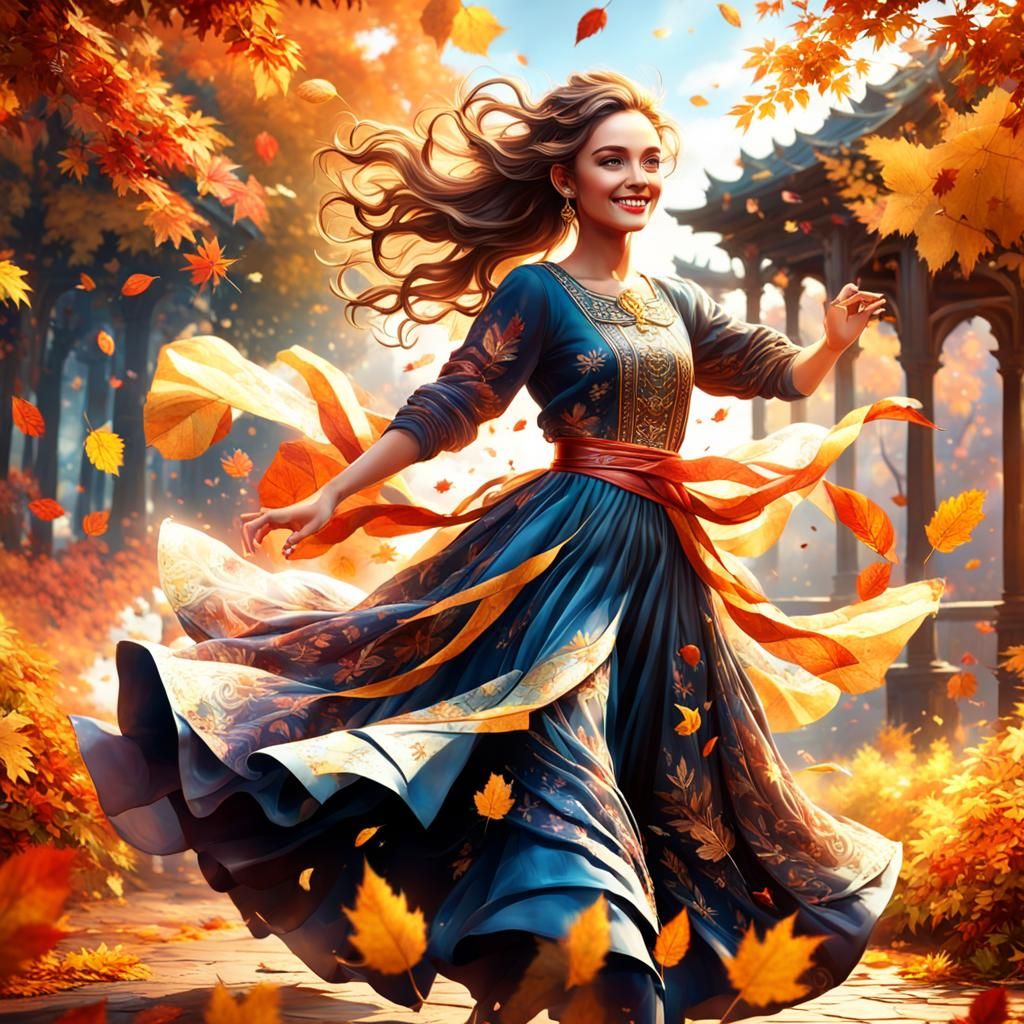 Autumn Dance: A Beautiful Woman in Falling Leaves