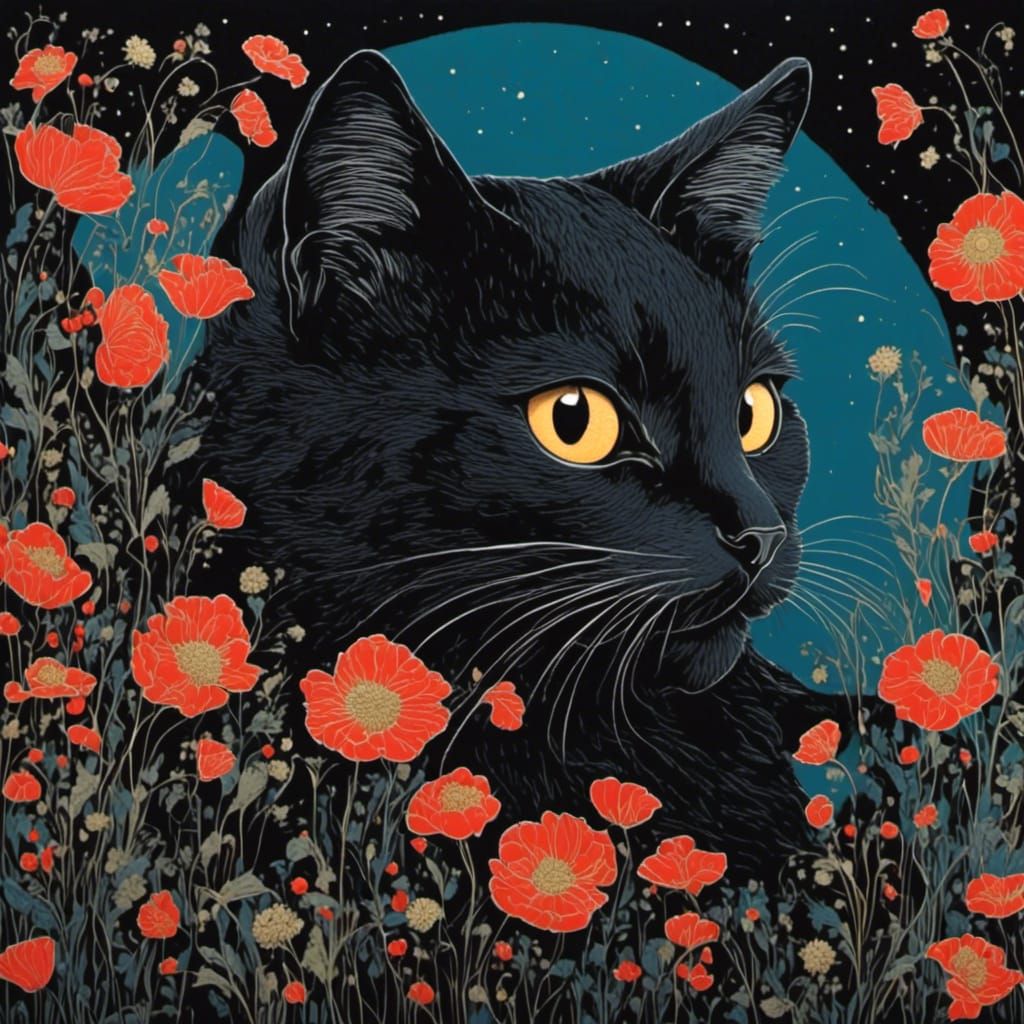 Moonlit Cat Portrait in Palekh Style