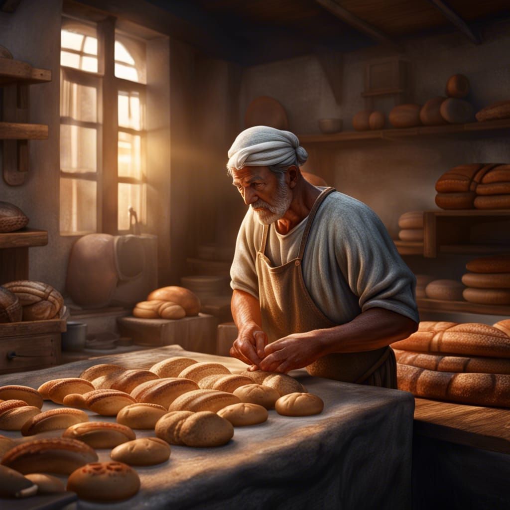 A cinematic photorealistic color digital painting of an Ancient Roman low class bakery baking bread at his Eatery in the...