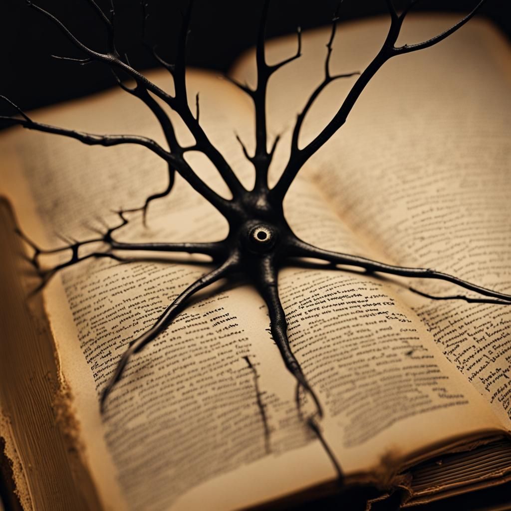 Neuron on Ancient Book: Realistic Close-Up Photography