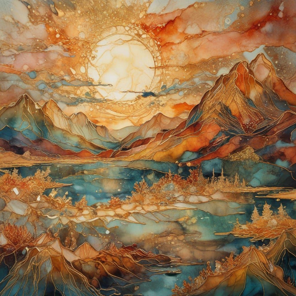 Ethereal Sunset over a Mountain Lake in Metallic Gold