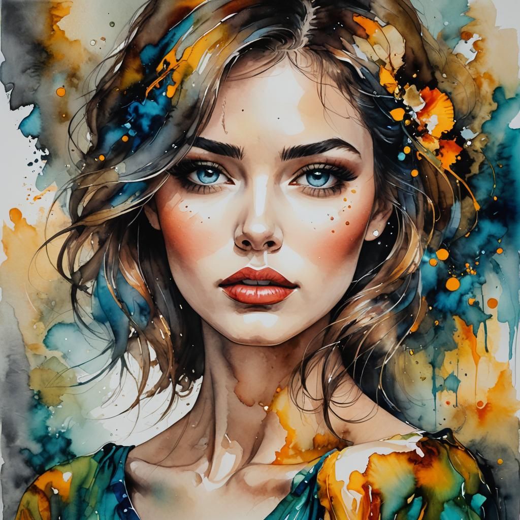 Expressive Woman in Mixed Media Alcohol Ink Style