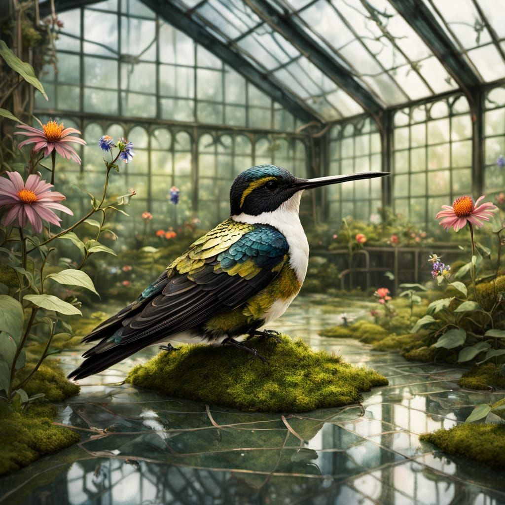Weathered Gold Hummingbird in Overgrown Greenhouse