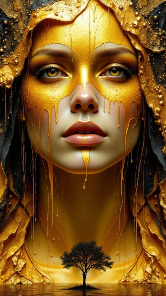 Molten Woman with Golden Hair in Symbolist Surrealism Style